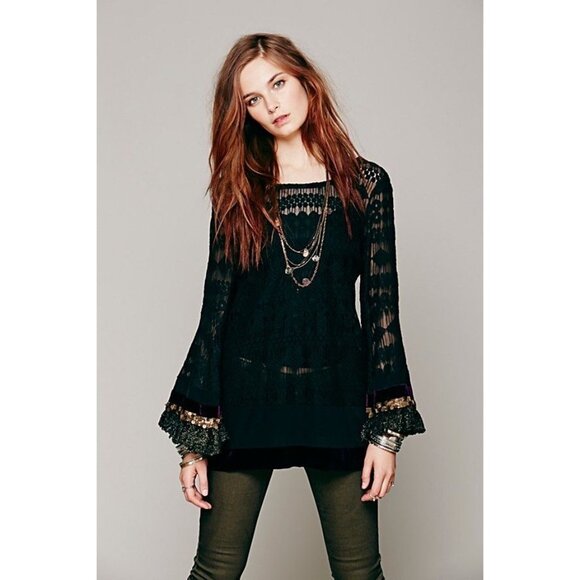 RARE Free People Black Lace Tie Dyed Velvet Sequin Bell Sleeve Tunic Mini Dress - Picture 8 of 16